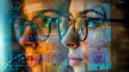 Woman's face with glasses reflecting colorful digital interface. Augmented reality and data visualization concept. Futuristic technology and economy integration with human perception