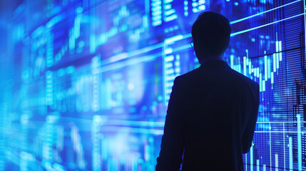 Businessman silhouette facing large financial data display. Stock market graphs and charts on blue digital screen. Investment analysis and financial technology concept.