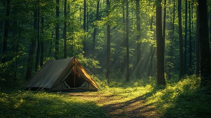 Stylized tent nestled in a tranquil forest landscape panoramic, wilderness, holiday, relaxation, camping, adventure, camping, forest, greenery, forest view, tranquil, stylized