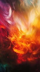 Fototapeta premium This image features a captivating abstract design characterized by swirling motions of vibrant colors. The colors include a mix of fiery oranges, reds, and yellows, transitioning to cooler purples and