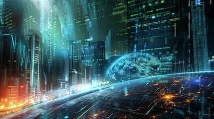 Obraz premium Futuristic cityscape with holographic data overlay. Digital transformation concept with glowing skyscrapers and global network visualization. Technological advancement theme