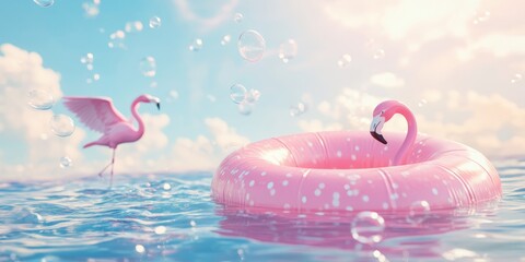 A vibrant and colorful 3D scene showcasing an array of inflatable rings, cheerful pink flamingos, and playful bubbles floating in a summer ocean, all beneath a bright blue and sunny sky