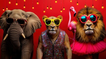 A fun and whimsical scene featuring a lion, elephant, and flamingo, all dressed in vibrant accessories and sunglasses.