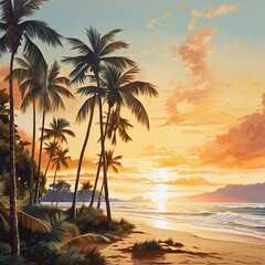 Nightfall on a tropical beach with palm trees and a setting sun over the ocean.