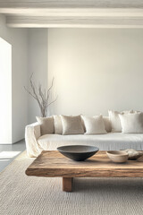 Modern minimalist living room featuring a light-colored sofa, wooden coffee table, and natural decor elements in soft lighting