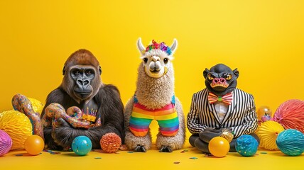 A playful scene featuring a gorilla, llama, and monkey in colorful attire, surrounded by festive decorations.