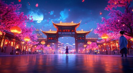 Fototapeta premium Lantern-Lit Street and Cherry Blossoms in Evening at Traditional Asian Festival