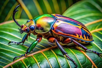 Fototapeta premium Magnificent atlas beetle showcases intricate patterns and vivid colors as it perches on a lush green leaf in its natural habitat.