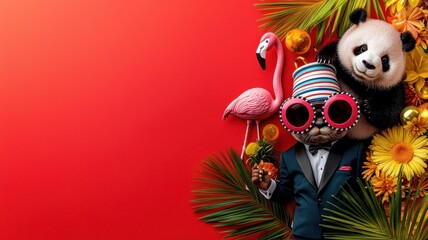 Naklejka premium A whimsical animal scene featuring a panda and a flamingo in vibrant attire, surrounded by colorful flowers against a bright background.