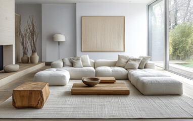 Modern minimalist living room interior with a white sofa, wooden coffee table, and large windows letting in natural light