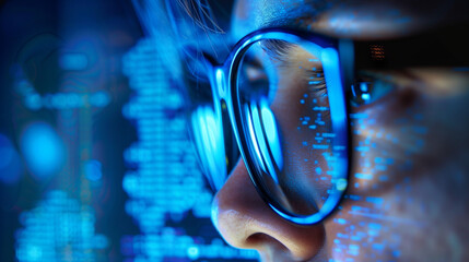 Close-up of glasses reflecting blue digital interface. Futuristic technology concept with data visualization in lenses. Cybersecurity and information analysis theme
