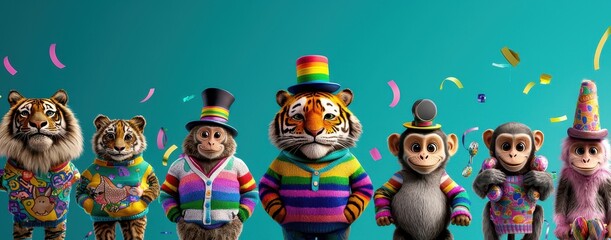Fototapeta premium Colorful animal characters in festive attire celebrate with confetti and excitement, perfect for fun and cheerful themes.