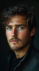 Fototapeta premium A young man with striking blue eyes and tousled hair, captured in a moody setting with soft lighting during an indoor portrait session