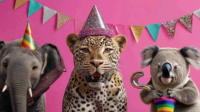 Colorful party scene featuring an elephant, leopard, and koala wearing festive hats against a vibrant pink background.