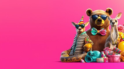 Fototapeta premium Fun and lively animals celebrate with colorful gifts and accessories in a vibrant pink setting, perfect for festive occasions.