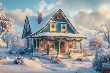 Fototapeta premium Stylish Christmas lights on the roof of your home, creating an enchanting and festive atmosphere for all to enjoy. A well-lit house with white LED Christmas light decoration