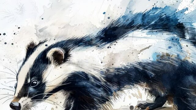 Captivating skunk watercolor painting featuring vibrant macaws in a lush tropical setting