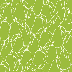 Seamless vector pattern white pear-shaped outline brat green background. Summer fruits background