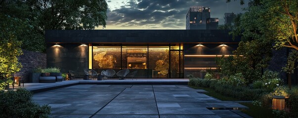 A contemporary dark slate exterior design studio, focusing on urban public space projects, located in an architectural hub of the city