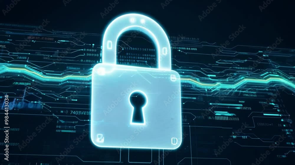 Poster A metallic padlock appears prominently against a dark, digital background filled with flowing data patterns and lines, symbolizing cybersecurity and protection.