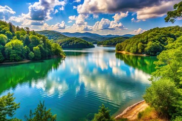 Norris Lake's serene waters are defined by crystal clarity, surrounded by lush tree-lined shores and views of majestic mountains, inviting relaxation and leisure activities.