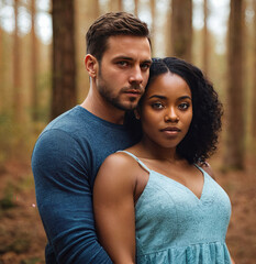 Fototapeta premium A romantic multi-ethnic couple embraces each other lovingly in a peaceful woodland setting, expressing affection, connection and tranquility amidst nature