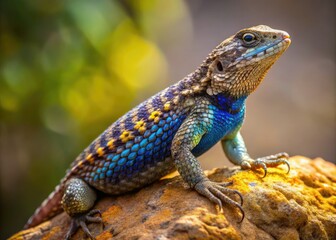 Fototapeta premium On a rock in its natural habitat, a Western fence lizard perches, showcasing its dazzling scales in shades of brown, pink, and gold.