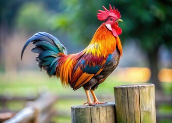 On a worn fencepost, a vibrant rooster stands tall, its beak agape, releasing a defiant squawk into the air, demanding attention to its domain.