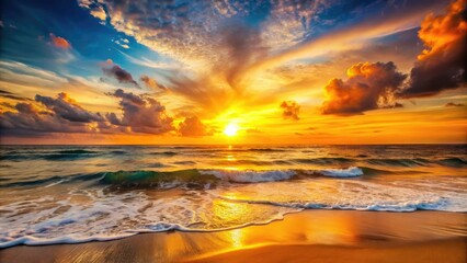 Obraz premium Orange and yellow hues illuminate the horizon, where gentle waves and golden sands converge in a peaceful and visually stunning setting.