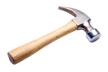 Silver hammer with wooden handle isolated on transparent background