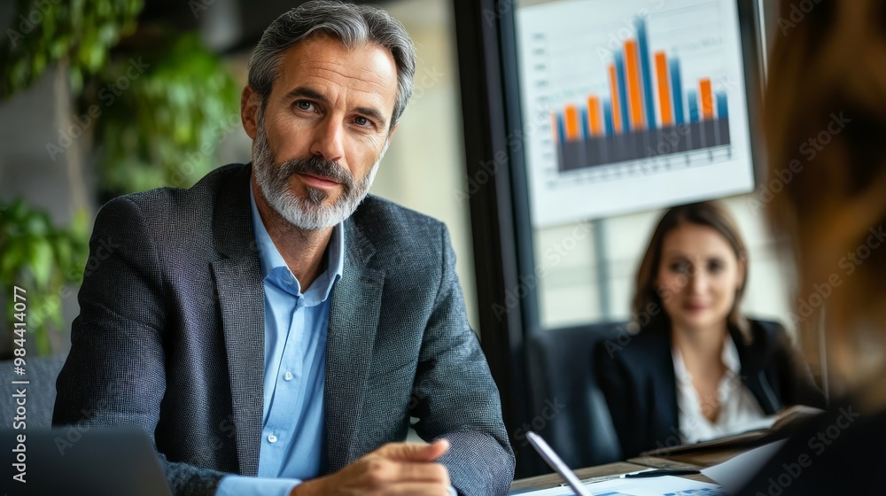 Poster a businessman discusses strategies during a meeting, with colleagues and a graph displaying data in 