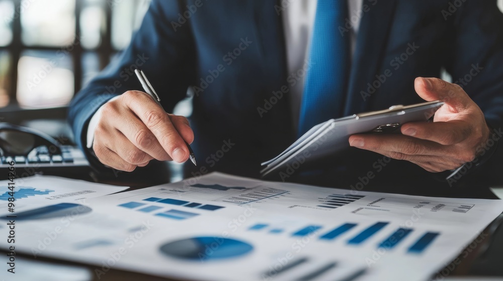 Poster a business professional analyzes reports and data charts, showcasing a focus on strategy and decisio