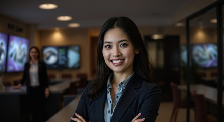 Fototapeta premium junior receptionist manages, employee engagement at work, comfortable suit and button-up shirt, subtle background with team member, dramatic lighting, wide banner design