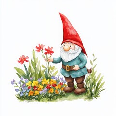 Obraz premium A charming gnome in a red hat tending to colorful flowers in a vibrant garden, perfect for nature and fantasy themes.