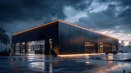 Obraz premium Modern black building with large glass windows, illuminated at night under a stormy sky