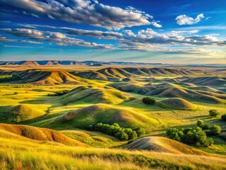 Fototapeta premium Rugged peaks and rolling hills of the Nebraska Sandhills slope away from the horizon, disappearing into a limitless blue expanse.