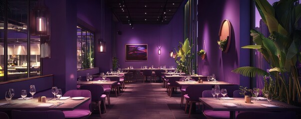 A contemporary dark violet exterior fusion restaurant, blending global cuisines in an innovative menu, set in a cosmopolitan area