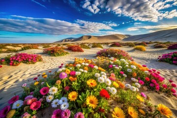 Fototapeta premium Sandy dunes rise and fall like waves as colorful flowers erupt from the arid earth, splashing color across the desert floor.