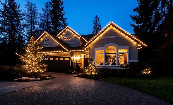 Stylish Christmas lights on the roof of your home, creating an enchanting and festive atmosphere for all to enjoy. A well-lit house with white LED Christmas light decoration