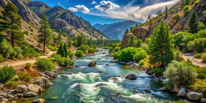 Scenic river flowing through mountains and trees in Kern River Canyon, California