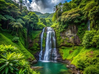 Obraz premium Scenic waterfall cascades over lush greenery in tropical Oahu wilderness, its misty veil caressing the verdant landscape.