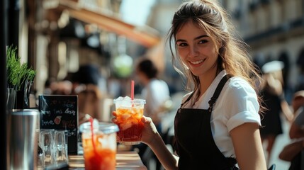 Smiling waitress serving refreshing summer drinks outdoors
