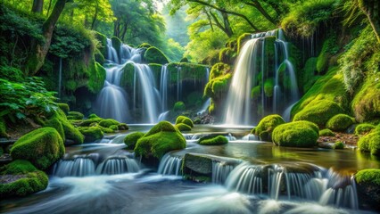 Obraz premium Silky waterfalls tumble over emerald moss, harmonizing with the soothing sounds of nature in a serene hot spring oasis.