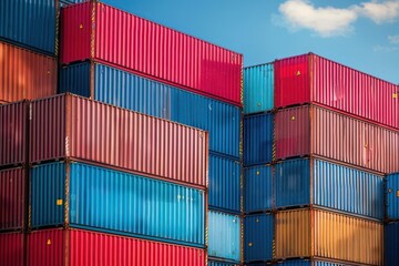 Fototapeta premium Stacks of cargo containers turning into a maze International Trade Obstacles confusing and complex trade barriers represented through cargo