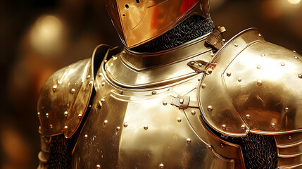 a Golden Knight's Armor with intricate details and rivets, showcasing the craftsmanship and protection of medieval warfare.