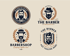 Set bundle vintage barbershop gentleman beard and mustache logo for business company
