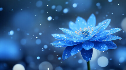Fototapeta premium A beautiful blue flower adorned with droplets, set against a dreamy blue background, evoking a serene and calm atmosphere.