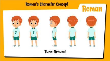 An australian boy cartoon character turnaround sheet AKA Roman, little boy cartoon vector.
