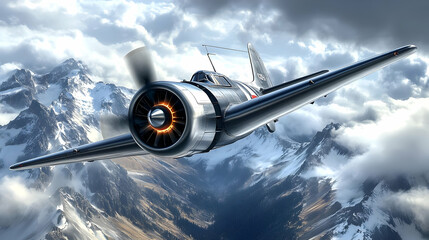 A Vintage Warbird Soars Through Snowy Mountain Peaks and Clouds, A Digital Painting of a Propeller Plane Flying High in the Sky, A Powerful Engine Roars to Life as the Aircraft Navigates the Terrain