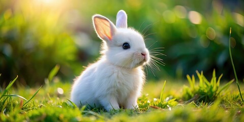 Fototapeta premium Soft and gentle, an adorable infant rabbit sits on a blanket of green, its curious eyes twinkling with wonder, fur as soft as spun silk.